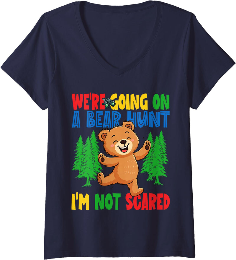 Cute Cartoon Bear Matching Family Outing for Kids Womens We're Going on a Bear Hunt I'm Not Scared Playful Kids Cute V-Neck T-Shirt - Navy Blue