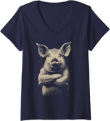 DesignerZoo by FarmThreads Womens A Pig On A V-Neck T-Shirt - Navy Blue