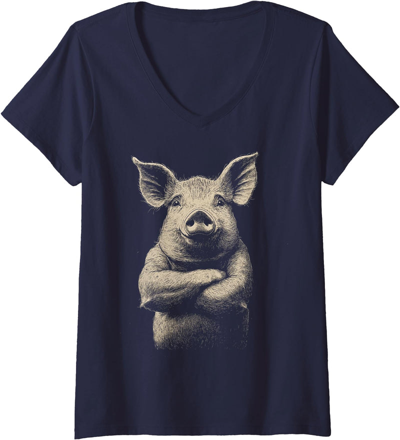 DesignerZoo by FarmThreads Womens A Pig On A V-Neck T-Shirt - Navy Blue