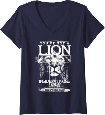 Womens You've Got a Lion Inside of Those Lungs Praise the Lord V-Neck T-Shirt