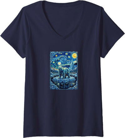 Women's Cute Polar Bear Van Gogh Style Starry Night Graphic V-Neck T-Shirt
