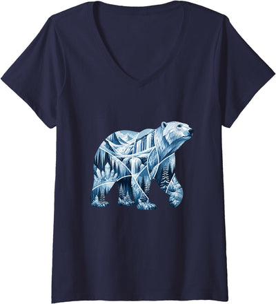 Women's Arctic Polar Bear Forest Waterfall Landscape V-Neck T-Shirt