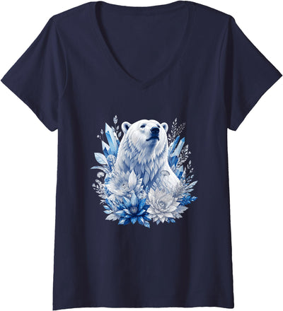 Women's Majestic Arctic Polar Bear with Ice Flowers Fantasy V-Neck T-Shirt