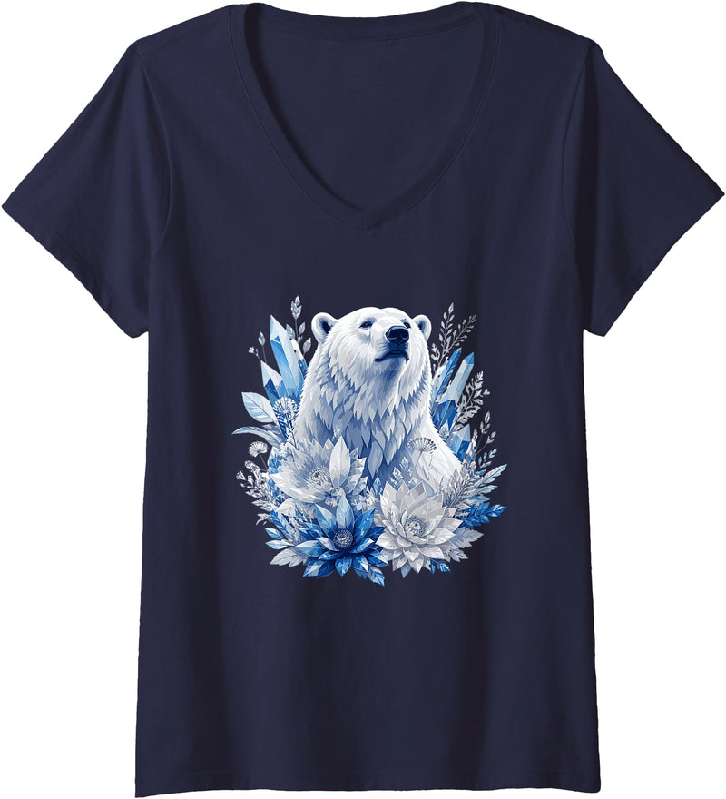 Arctic Polar Bear Crystal Flowers Nature Women's Majestic Arctic Polar Bear with Ice Flowers Fantasy V-Neck T-Shirt - Navy Blue