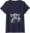 Highlander Cow Lover Theme Designs Womens Vintage Scottish Highland Cow Face Graphic Cattle Art Design V-Neck T-Shirt - Navy