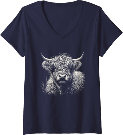 Womens Vintage Scottish Highland Cow Face Cattle Art V-Neck T-Shirt