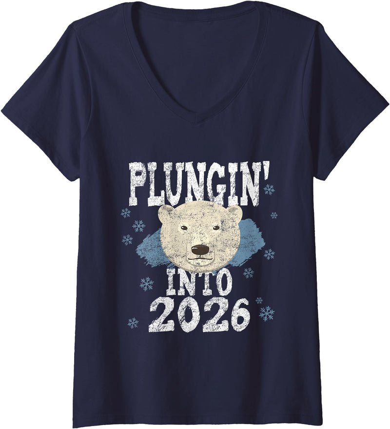 Take The Plunge Designs Womens Polar Bear Plunge - Plungin' Into 2026 New Year Cold Water V-Neck T-Shirt - Navy Blue