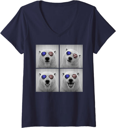 Women's Polar Bear 4th of July US American Flag Patriotic V-Neck T-Shirt