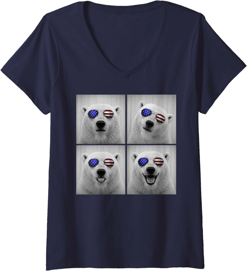 Retro Polar Bear USA July Fourth Photo Booth Women's Polar Bear 4th of July US American Flag Patriotic V-Neck T-Shirt - Navy Blue