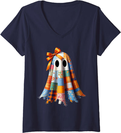 Patchwork Quilt Ghost Halloween Quilter Autumn Tee Women's Patchwork Ghost Quilt Halloween Quilter Fall Autumn Bow Cute V-Neck T-Shirt