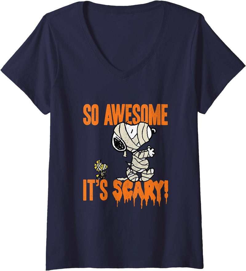 Womens Peanuts Halloween Snoopy Scary Mummy V-Neck T-Shirt - Navy Blue