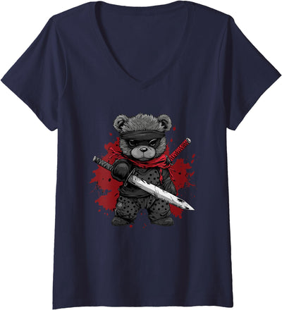 Womens Ninja Teddy Bear V-Neck T-Shirt
