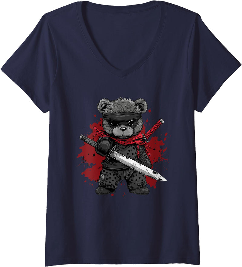 dark teddy bear love Womens Ninja Teddy Bear V-Neck T-Shirt - Navy Blue