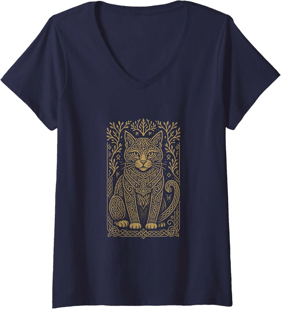 Women's Mythical Celtic Knotwork Cat Art for Animal Lovers V-Neck T-Shirt - Black