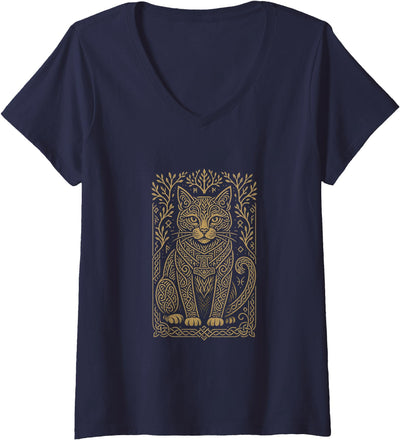 Celtic Feline Artistry Women's Mythical Celtic Knotwork Cat Art for Animal Lovers V-Neck T-Shirt