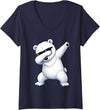 Cool Dabbing Polar Bear Women's Fun Dabbing Polar Bear Cool Stylish Dab Dance Bear V-Neck T-Shirt - Navy Blue