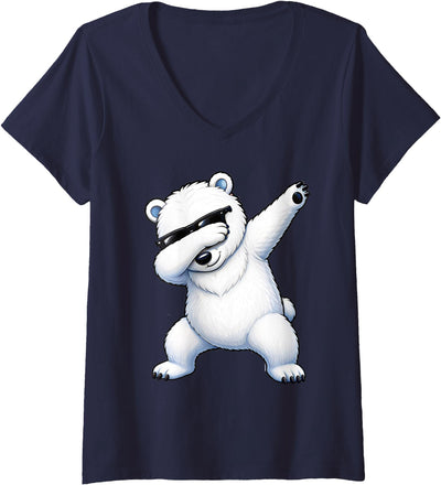Women's Fun Dabbing Polar Bear Cool Stylish Dab Dance Bear V-Neck T-Shirt