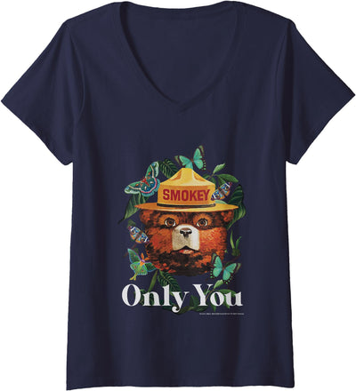 Womens Smokey Bear Only You Minimal Smokey Butterflies V-Neck T-Shirt