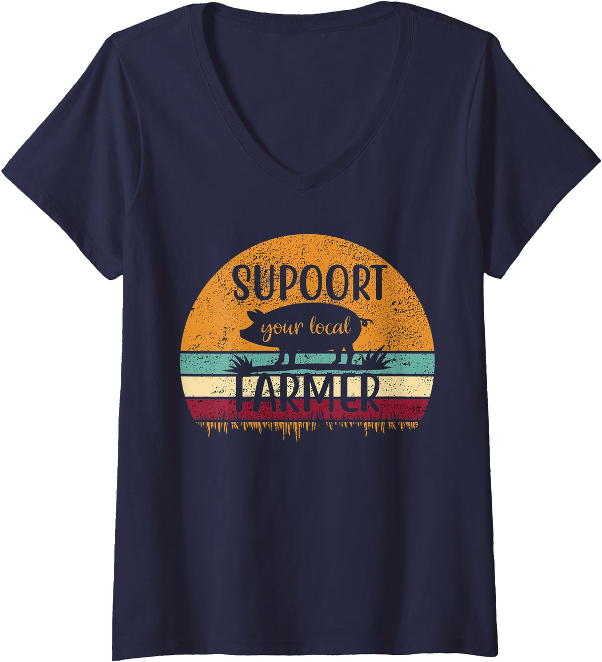 Farm House Gift Tee.Co Womens Vintage Farm Pig Farming Support Your Local Farmer Gift V-Neck T-Shirt - Navy Blue