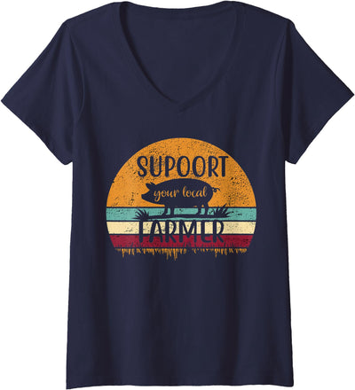 Womens Vintage Farm Pig Farming Support Your Local Farmer Gift V-Neck T-Shirt