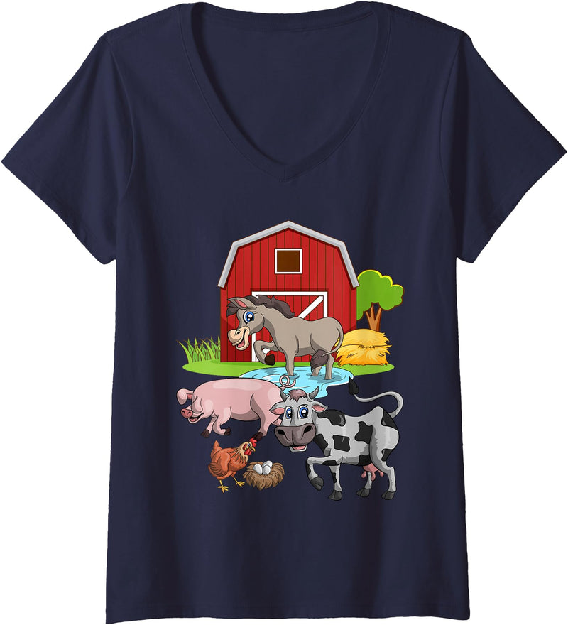 Farmer Funny Farm Animal Lover Gift Womens Donkey Pig Chicken Cow Agriculture Farm Animal V-Neck T-Shirt - Navy Blue