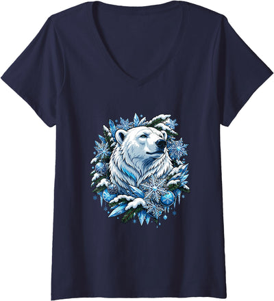 Women's Christmas Polar Bear Wreath Ice Crystals V-Neck T-Shirt