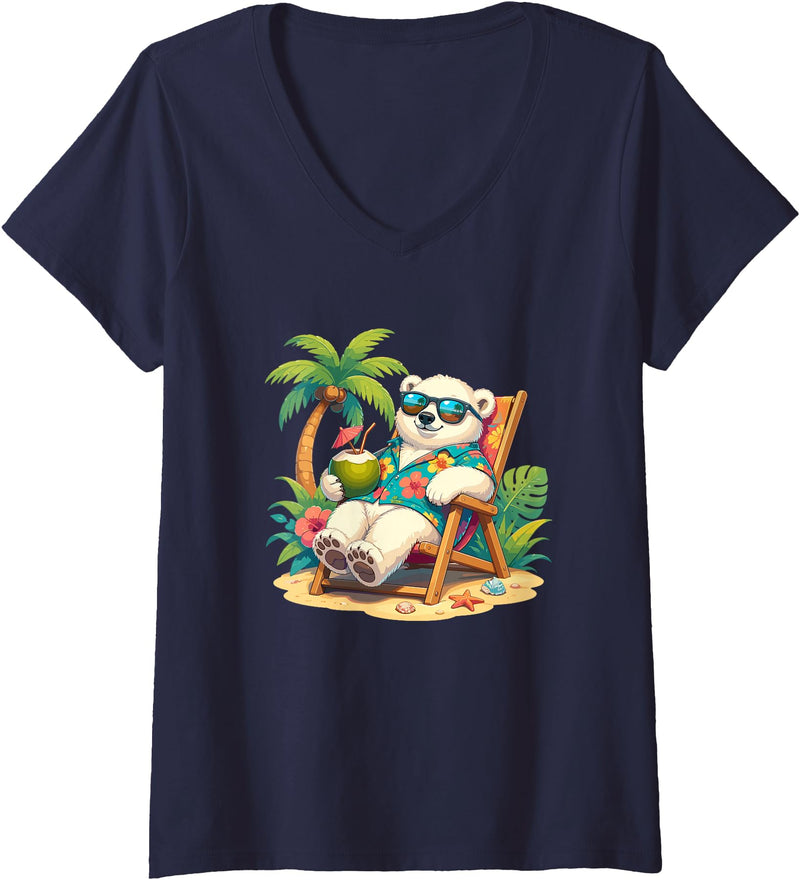 Tropical Polar Bear Summer Beach Vibes Women's Relaxed Polar Bear Hawaiian Shirt Summer Beach V-Neck T-Shirt - Navy Blue
