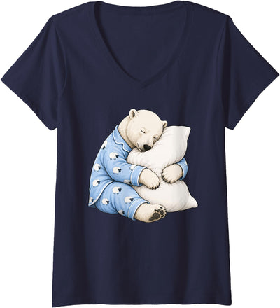 Women's Polar Bear Sleeping in Cute Pajamas Sleep V-Neck T-Shirt