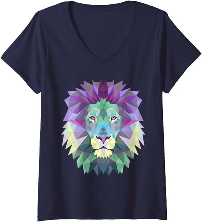 Womens Lion Face Cool Zoo Animals V-Neck T-Shirt