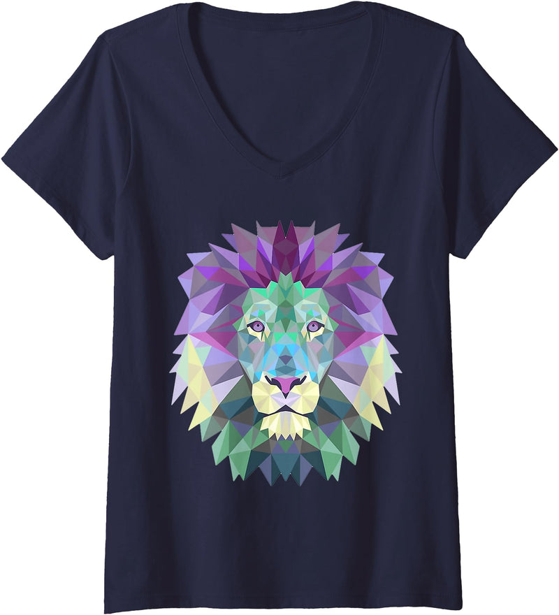 Lion Shirts JG Womens Lion Face Shirt Cool Zoo Animals V-Neck T-Shirt - Navy Blue