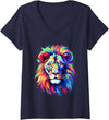Colorful Lion, Graphic Design, Cool Lion Womens Colorful Lion Spirit Animal Multicolor Art Leo Lion V-Neck T-Shirt - Navy Blue