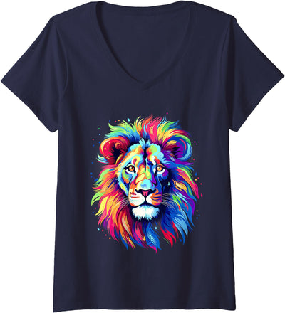 Womens Colorful Lion Spirit Animal Multicolor Art Leo Lion V-Neck T-Shirt