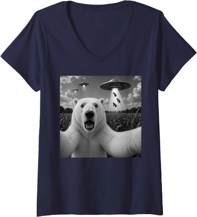 Women's Polar Bear Selfie with UFO Alien Funny V-Neck T-Shirt
