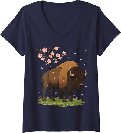 Bison Cherry Blossom Ukiyo Art Buffalo Sakura Funny V-Neck T-Shirt