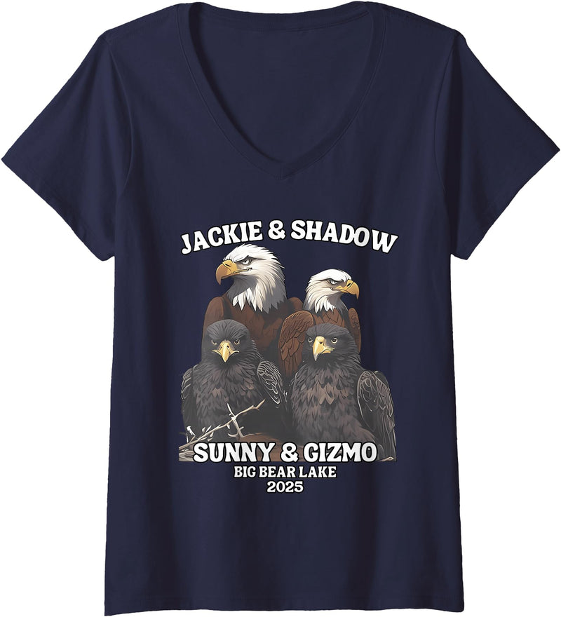 Jackie and Shadow Bald Eagle Family Tee Womens Jackie And Shadow Sunny And Gizmo Big Bear Lake 2025 V-Neck T-Shirt - Navy Blue