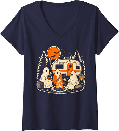 Vintage Halloween Camp Lovers Women's Halloween Camping Ghost Camper Vintage Style V-Neck T-Shirt