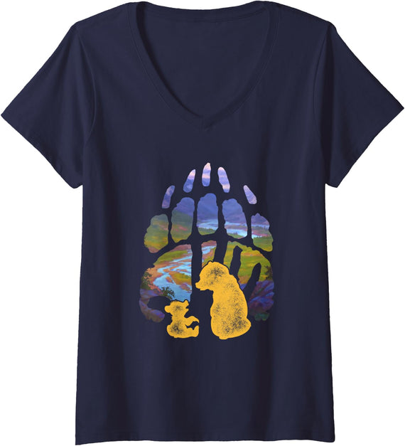 Womens Disney Brother Bear Vintage Faded Watercolor Bear Paw Print V-Neck T-Shirt - Navy Blue