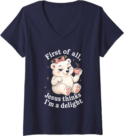 Women's First of All Jesus Thinks I'm A Delight Funny Polar Bear V-Neck T-Shirt