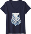 Arctic Polar Bear Nordic Snowflake Spirit Women's Winter Nordic Polar Bear Snowflake Pattern V-Neck T-Shirt - Navy Blue