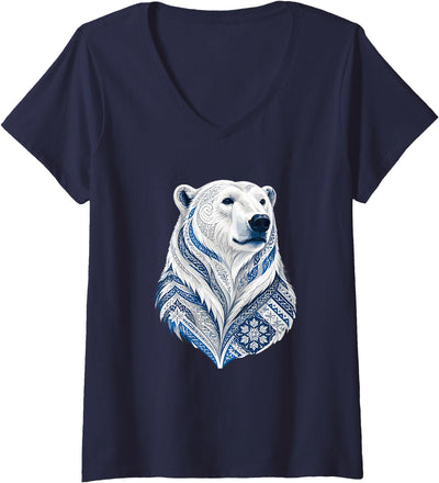 Women's Winter Nordic Polar Bear Snowflake Pattern V-Neck T-Shirt