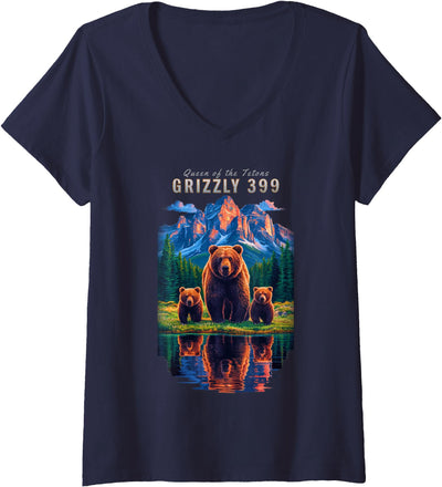Womens Grizzly 399 Bear Lovers Queen Of The Tetons National Park V-Neck T-Shirt