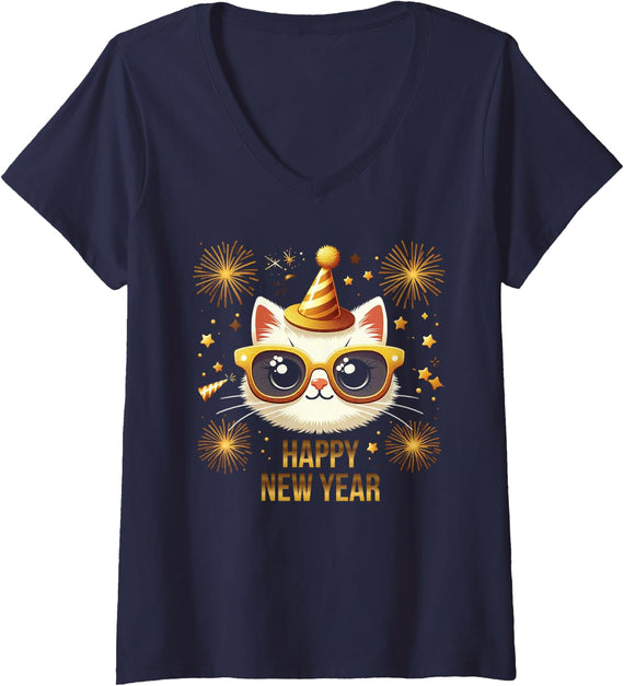Women's Happy New Year Cat Fireworks New Years Eve Party V-Neck T-Shirt - Navy Blue