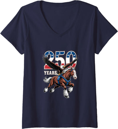 Vortex Patriotic Women's USA 250th Anniversary Bald Eagle & Clydesdale Horse V-Neck T-Shirt