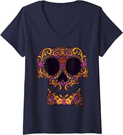 Womens Disney Pixar Coco Collage Skull Halloween V-Neck T-Shirt