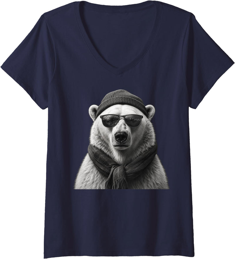 Polar Bear Enthusiast Women's Polar Bear in Sunglasses Monochrome Illustration V-Neck T-Shirt - Navy Blue