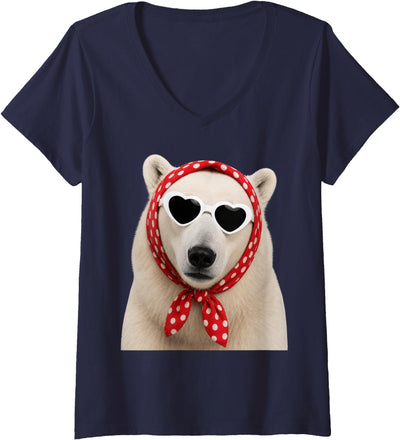 Women's Cute Polar Bear Lover Heart Sunglasses V-Neck T-Shirt