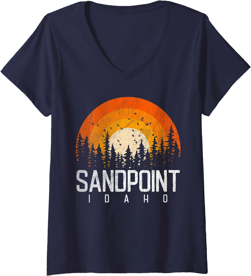 Womens Sandpoint Idaho ID Shirt Retro Vintage 70s 80s 90s Gift V-Neck T-Shirt - Navy Blue