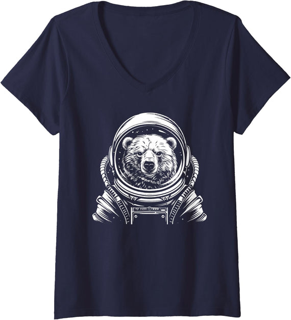 Women's Funny Polar Bear Astronaut Astro Space Suit Mom Dad V-Neck T-Shirt - Navy Blue