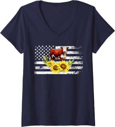 Proud Hereford Cow Boy Girl Womens Us Flag Lover V-Neck T-Shirt