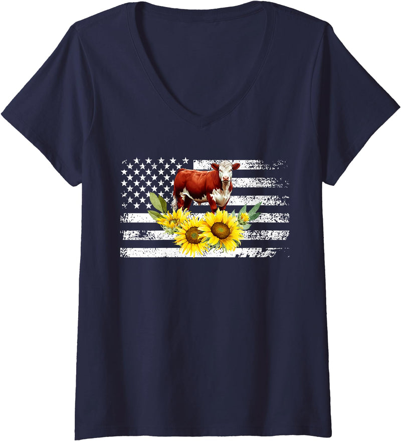 Proud Hereford Cow Boy Hereford Cow Girl Womens Hereford Cow US Flag Hereford Cow Lover Hereford Cattle V-Neck T-Shirt -